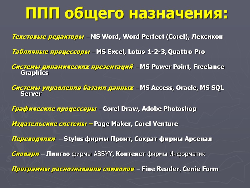 ППП общего назначения:  Текстовые редакторы – MS Word, Word Perfect (Corel), Лексикон 